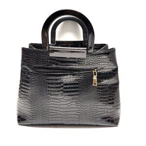 Black Handbag Croc Print Faux Leather Purse